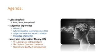 Agenda: 
•Consciousness 
•Here, There, Everywhere? 
•Subjective Experience 
•What is it? 
•Where Subjective Experience ari...