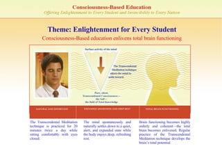 Theme: Enlightenment for Every Student Consciousness-Based education enlivens total brain functioning The Transcendental Meditation technique is practiced for 20 minutes twice a day while sitting comfortably with eyes closed. The mind spontaneously and naturally settles down to a quiet, alert, and expanded state while the body enjoys deep, refreshing rest. Brain functioning becomes highly orderly and coherent—the total brain becomes enlivened. Regular practice of the Transcendental Meditation technique develops the brain’s total potential. 