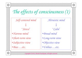 The effects of consciousness (1)
   Self-centered mind                               Altruistic mind
           ↓                                         ↓
         ‘Stress’                                  ‘Calm’
•Narrow-mind                              •Broad-mind
•Short-term view                          •Long-term view
•Subjective view                          •Objective view
•Bias …etc.                               •Unbias …etc.
                                     Tsuchiyama.
           Copyright © 2012, Hitoshi Tsuchiyama. All rights reserved.
 
