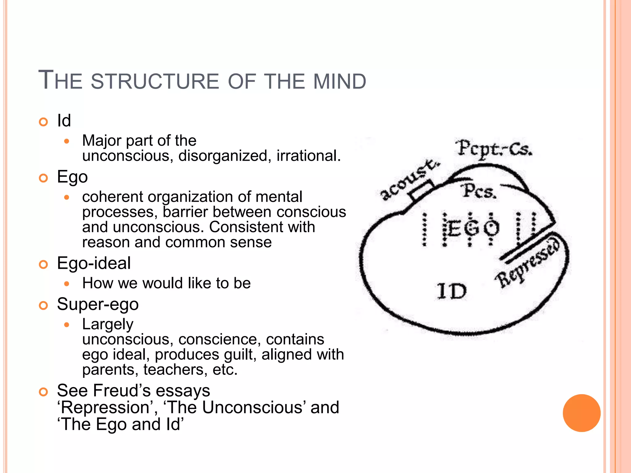 THE STRUCTURE OF THE MIND
 Id
 Major part of the
unconscious, disorganized, irrational.
 Ego
 coherent organization of mental
processes, barrier between conscious
and unconscious. Consistent with
reason and common sense
 Ego-ideal
 How we would like to be
 Super-ego
 Largely
unconscious, conscience, contains
ego ideal, produces guilt, aligned with
parents, teachers, etc.
 See Freud‘s essays
‗Repression‘, ‗The Unconscious‘ and
‗The Ego and Id‘
 