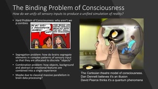The Binding Problem of Consciousness
How do we unify all sensory inputs to produce a unified simulation of reality?
• Hard Problem of Consciousness: why aren’t we
p-zombies
• Segregation problem: how do brains segregate
elements in complex patterns of sensory input
so that they are allocated to discrete "objects"
• Combination problem: how objects, background
and abstract or emotional features are
combined into a single experience
• Maybe due to classical massive parallelism in
brain data processing?
The Cartesian theatre model of consciousness.
Dan Dennett believes it’s an illusion
David Pearce thinks it’s a quantum phenomena
 
