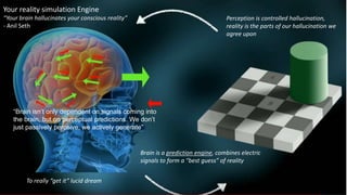 Your reality simulation Engine
“Your brain hallucinates your conscious reality”
- Anil Seth
Brain is a prediction engine, combines electric
signals to form a “best guess” of reality
Perception is controlled hallucination,
reality is the parts of our hallucination we
agree upon
“Brain isn’t only dependent on signals coming into
the brain, but on perceptual predictions. We don’t
just passively perceive, we actively generate”
To really “get it” lucid dream
 