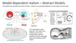 Model-dependent realism – Abstract Models
The stuff humans do better than other animals… models in an evolutionary fight for survival within conscious hosts
“it is meaningless to talk
about the "true reality" of a
model as we can never
be absolutely certain of
anything. The only meaningful
thing is the usefulness of the
model.”
 