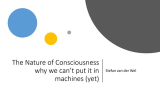The Nature of Consciousness
why we can’t put it in
machines (yet)
Stefan van der Wel
 