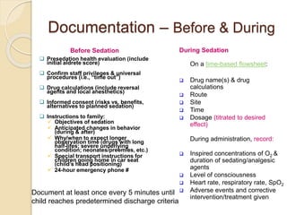 Documentation – Before & During
Before Sedation
 Presedation health evaluation (include
initial aldrete score)
 Confirm staff privileges & universal
procedures (i.e., “time out”)
 Drug calculations (include reversal
agents and local anesthetics)
 Informed consent (risks vs. benefits,
alternatives to planned sedation)
 Instructions to family:
 Objectives of sedation
 Anticipated changes in behavior
(during & after)
 Why/when to expect longer
observation time (drugs with long
half-lifes; severe underlying
condition; neonates/preemies, etc.)
 Special transport instructions for
children going home in car seat
(child’s head positioning)
 24-hour emergency phone #
During Sedation
On a time-based flowsheet:
 Drug name(s) & drug
calculations
 Route
 Site
 Time
 Dosage (titrated to desired
effect)
During administration, record:
 Inspired concentrations of O2 &
duration of sedating/analgesic
agents
 Level of consciousness
 Heart rate, respiratory rate, SpO2
 Adverse events and corrective
intervention/treatment given
Document at least once every 5 minutes until
child reaches predetermined discharge criteria
 