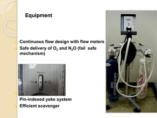 Equipment
Continuous flow design with flow meters
Safe delivery of O2 and N2O (fail safe
mechanism)
Pin-indexed yoke system
Efficient scavenger
 