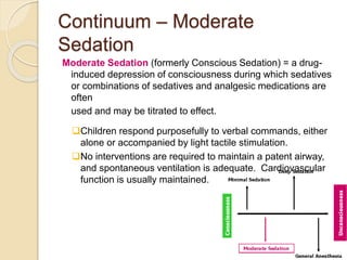 Continuum – Moderate
Sedation
Moderate Sedation (formerly Conscious Sedation) = a drug-
induced depression of consciousness during which sedatives
or combinations of sedatives and analgesic medications are
often
used and may be titrated to effect.
Children respond purposefully to verbal commands, either
alone or accompanied by light tactile stimulation.
No interventions are required to maintain a patent airway,
and spontaneous ventilation is adequate. Cardiovascular
function is usually maintained.
 