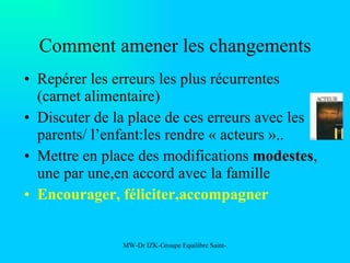 Comment amener les changements Repérer les erreurs les plus récurrentes (carnet alimentaire) Discuter de la place de ces erreurs avec les parents/ l’enfant:les rendre « acteurs ».. Mettre en place des modifications  modestes , une par une,en accord avec la famille  Encourager, féliciter,accompagner 