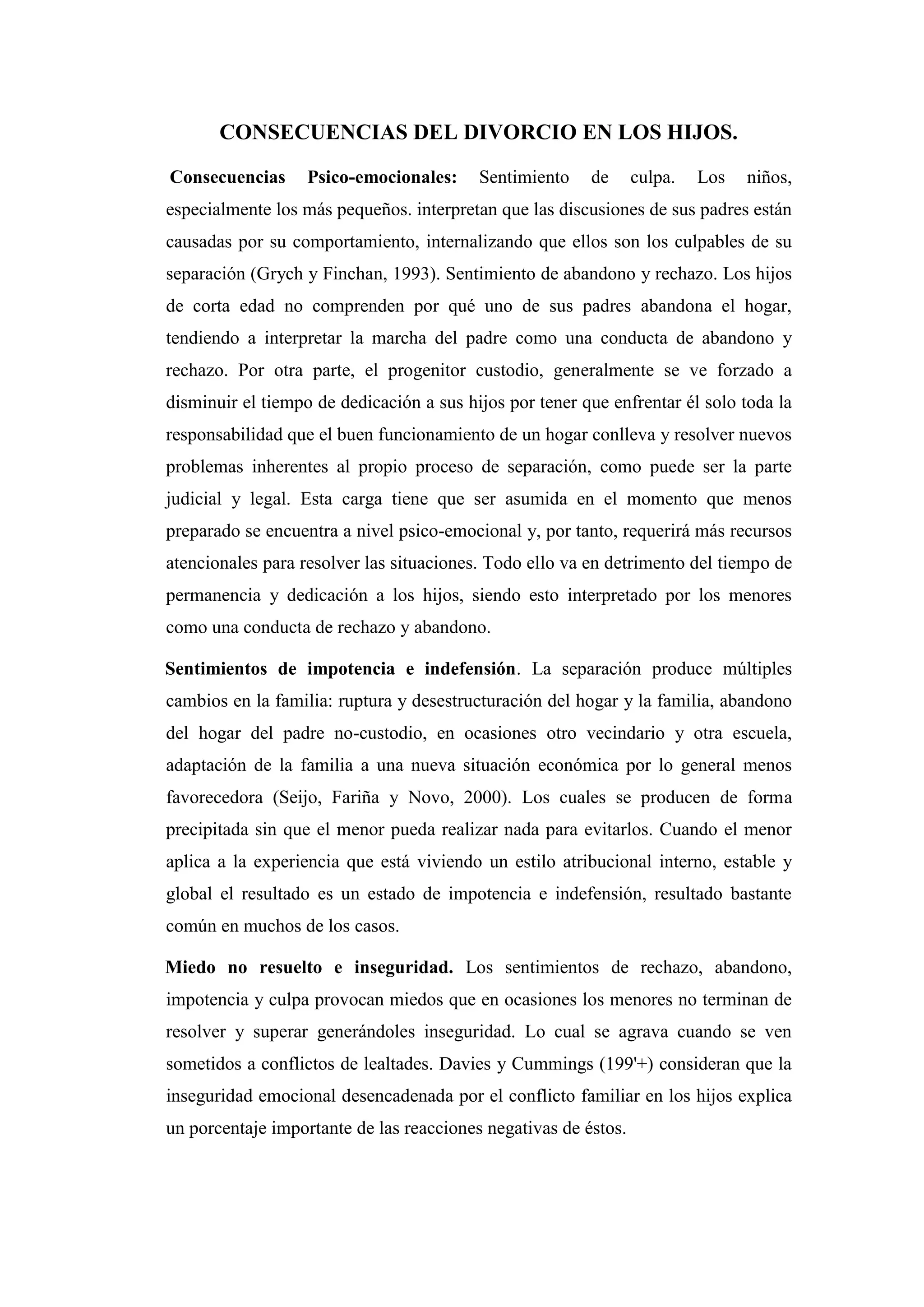 CONSECUENCIAS PSICOLÓGICAS DEL DIVORCIO EN LOS HIJOS | PDF