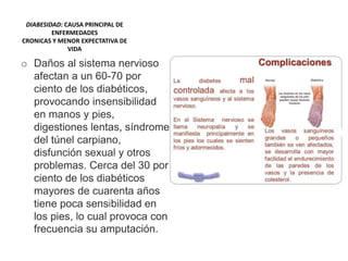 DIABESIDAD: CAUSA PRINCIPAL DE
ENFERMEDADES
CRONICAS Y MENOR EXPECTATIVA DE
VIDA
o Daños al sistema nervioso
afectan a un 60-70 por
ciento de los diabéticos,
provocando insensibilidad
en manos y pies,
digestiones lentas, síndrome
del túnel carpiano,
disfunción sexual y otros
problemas. Cerca del 30 por
ciento de los diabéticos
mayores de cuarenta años
tiene poca sensibilidad en
los pies, lo cual provoca con
frecuencia su amputación.
 