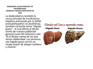 DIABESIDAD: CAUSA PRINCIPAL DE
ENFERMEDADES
CRONICAS Y MENOR EXPECTATIVA DE
VIDA
La diabesidad es también la
causa principal de insuficiencia
hepática provocada por la EHNA
(esteatohepatitis no alcohólica),
también conocida como "hígado
graso" , la cual afecta al 30 por
ciento de nuestra población
general (unos 90 millones) y del
70 al 90 por ciento de los que
tienen diabesidad. Las personas
con hígado graso corren un
riesgo mayor de ataque cardiaco
y muerte.
 