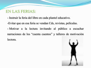  En Ecuador el porcentaje es muy bajo y entre los jóvenes casi nulo.CAPÍTULO IIIPROBLEMA DE LA FALTA DE LECTURAEn la época actual se vive la cultura de la imagen a través de la televisión, videojuegos, cine, anuncios, etc.La imagen presenta una realidad ya digerido, esto provoca un empobrecimiento de nuestra capacidad intelectual, ya que si no se ejercita el pensamiento tampoco se desarrolla.MOTIVAR A LA LECTURA EN LOS PRIMEROS GRADOS  Padres y maestros deben desarrollar una actitud positiva hacia el libro    y  la lectura, no utilizarla como castigo.