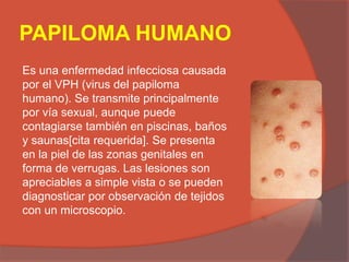 PAPILOMA HUMANO
Es una enfermedad infecciosa causada
por el VPH (virus del papiloma
humano). Se transmite principalmente
por vía sexual, aunque puede
contagiarse también en piscinas, baños
y saunas[cita requerida]. Se presenta
en la piel de las zonas genitales en
forma de verrugas. Las lesiones son
apreciables a simple vista o se pueden
diagnosticar por observación de tejidos
con un microscopio.
 