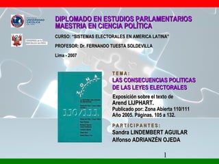 DIPLOMADO EN ESTUDIOS PARLAMENTARIOS
MAESTRIA EN CIENCIA POLÍTICA
CURSO: “SISTEMAS ELECTORALES EN AMERICA LATINA”
PROFESOR: Dr. FERNANDO TUESTA SOLDEVILLA
Lima - 2007


                       TEMA:
                       LAS CONSECUENCIAS POLITICAS
                       DE LAS LEYES ELECTORALES
                       Exposición sobre el texto de
                       Arend LIJPHART.
                       Publicado por: Zona Abierta 110/111
                       Año 2005. Páginas. 105 a 132.
                       PARTICIPANTES:
                       Sandra LINDEMBERT AGUILAR
                       Alfonso ADRIANZÉN OJEDA

                                              1
 