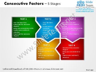 Consecutive Factors – 5 Stages


               TEXT 1                           TEXT 2                     TEXT 3
     Your Text Goes here                     Your Text Goes      Your Text Goes here
     Download this awesome                   here                Download this awesome
     diagram                                 Download this       diagram
     Bring your presentation to life         awesome             Bring your presentation to life
     Capture your audience’s                 diagram Bring       Capture your audience’s
     attention                               your                attention
     Download this awesome                   presentation to     Download this awesome
     diagram                                 life                diagram




                                              TEXT 5                      TEXT 4
                                       Download this awesome     Download this awesome
                                       diagram                   diagram
                                       Bring your presentation   Bring your presentation to
                                       to life                   life
                                       Capture your audience’s   Capture your audience’s
                                       attention                 attention




                                                                                                   Your Logo
 