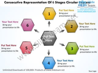 Consecutive Representation Of 6 Stages Circular Process

                                        Put Text Here
                               1        Bring your
                                        presentation to life

Your Text Here
                                                               Your Text Here
 Bring your
 presentation to life
                        6                             2        Bring your
                                                               presentation to life


                            Put Text
                            Put Text
                              Here
                             Here
Put Text Here                                                  Put Text Here
Bring your              5                             3        Bring your
presentation to life                                           presentation to life



                                       Your Text Here
                              4        Bring your
                                       presentation to life

                                                                         Your Logo
 