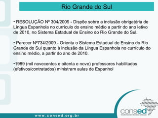 Rio Grande do Sul RESOLUÇÃO Nº 304/2009 - Dispõe sobre a inclusão obrigatória de Língua Espanhola no currículo do ensino médio a partir do ano letivo de 2010, no Sistema Estadual de Ensino do Rio Grande do Sul. Parecer Nº734/2009 - Orienta o Sistema Estadual de Ensino do Rio Grande do Sul quanto à inclusão da Língua Espanhola no currículo do ensino médio, a partir do ano de 2010.  1989 (mil novecentos e oitenta e nove) professores habilitados (efetivos/contratados) ministram aulas de Espanhol  