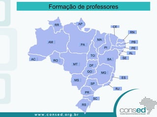 AC BA ES GO MA MT MS RJ CE PR PB RO PI TO SC RN DF PE AM AL RS SP RR MG PA AP SE Formação de professores 
