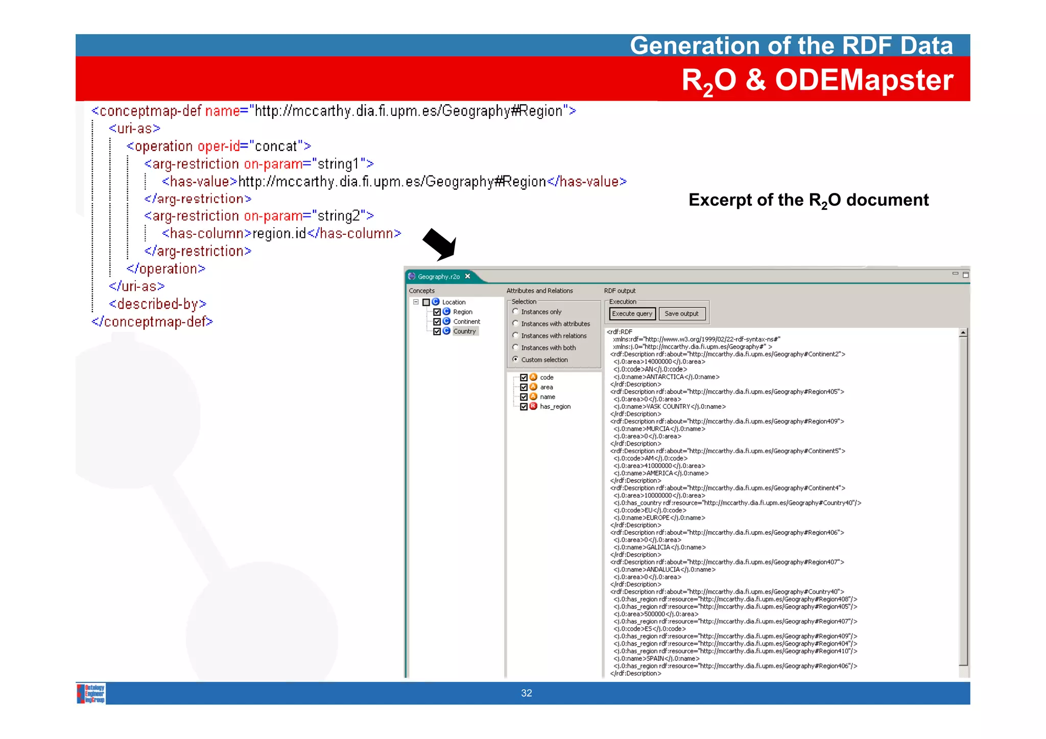 Generation of the RDF Data
         R2O & ODEMapster


         Excerpt of the R2O document




32
 