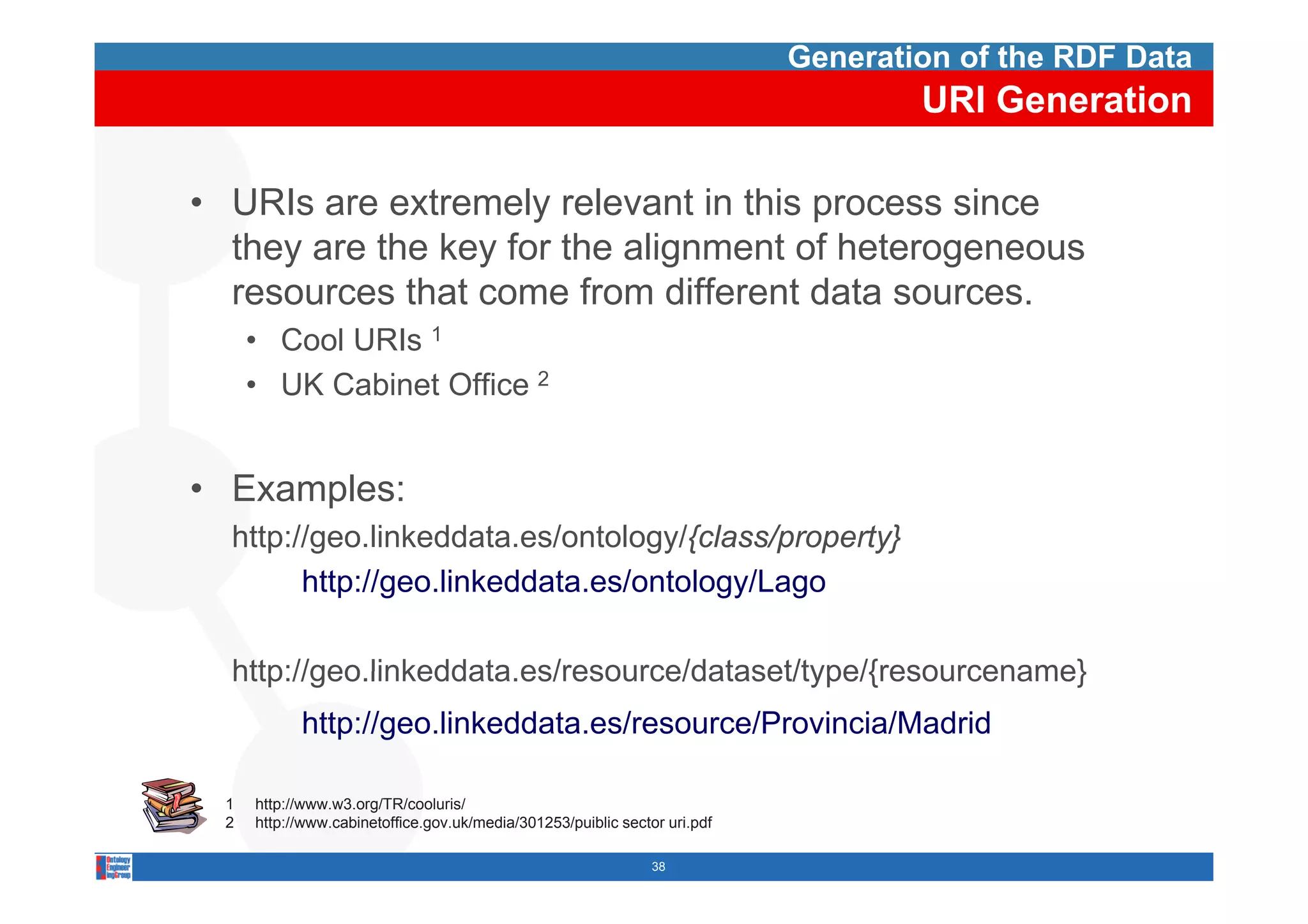 Generation of the RDF Data
                                                                                    URI Generation

• URIs are extremely relevant in this process since
  they are the key for the alignment of heterogeneous
  resources that come from different data sources.
      • Cool URIs 1
      • UK Cabinet Office 2


• Examples:
  http://geo.linkeddata.es/ontology/{class/property}
        http://geo.linkeddata.es/ontology/Lago

  http://geo.linkeddata.es/resource/dataset/type/{resourcename}
  http://geo linkeddata es/resource/dataset/type/{resourcename}
            http://geo.linkeddata.es/resource/Provincia/Madrid

  1   http://www.w3.org/TR/cooluris/
  2   http://www.cabinetoffice.gov.uk/media/301253/puiblic sector uri.pdf

                                                                38
 
