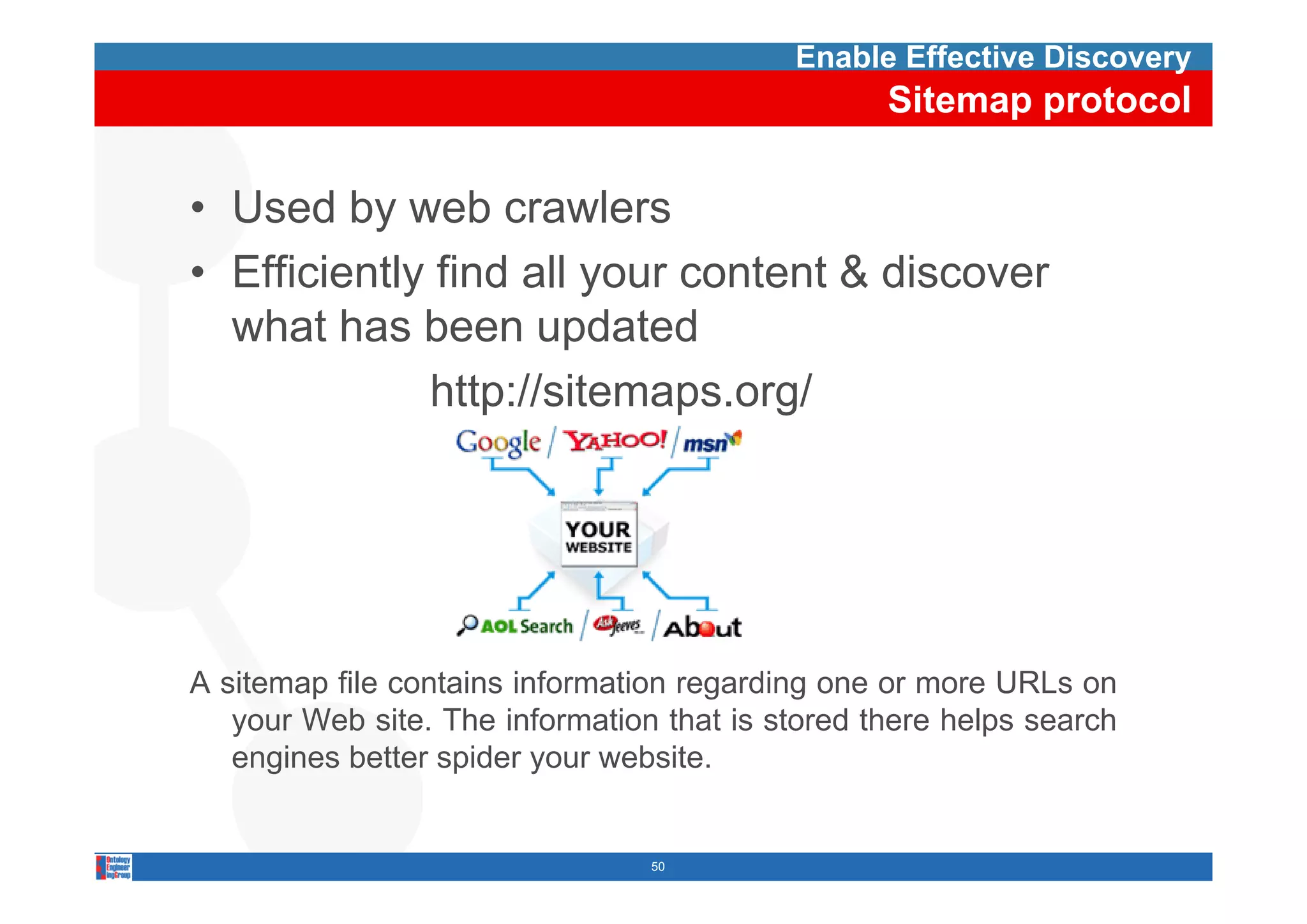 Enable Effective Discovery
                                                  Sitemap protocol

• Used by web crawlers
• Efficiently find all your content & discover
  what has been updated
             http://sitemaps.org/




A sitemap fil contains i f
   i      file      i information regarding one or more URL on
                               i         di                URLs
   your Web site. The information that is stored there helps search
   engines better spider your website.


                                 50
 