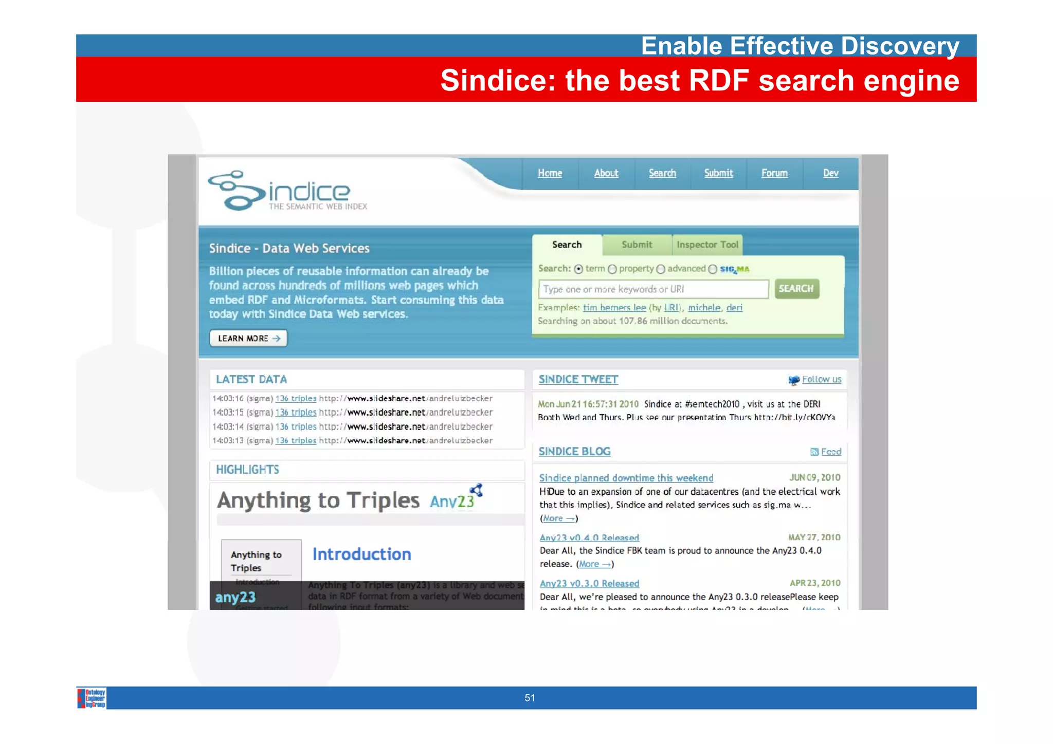 Enable Effective Discovery
Sindice: the best RDF search engine




     51
 