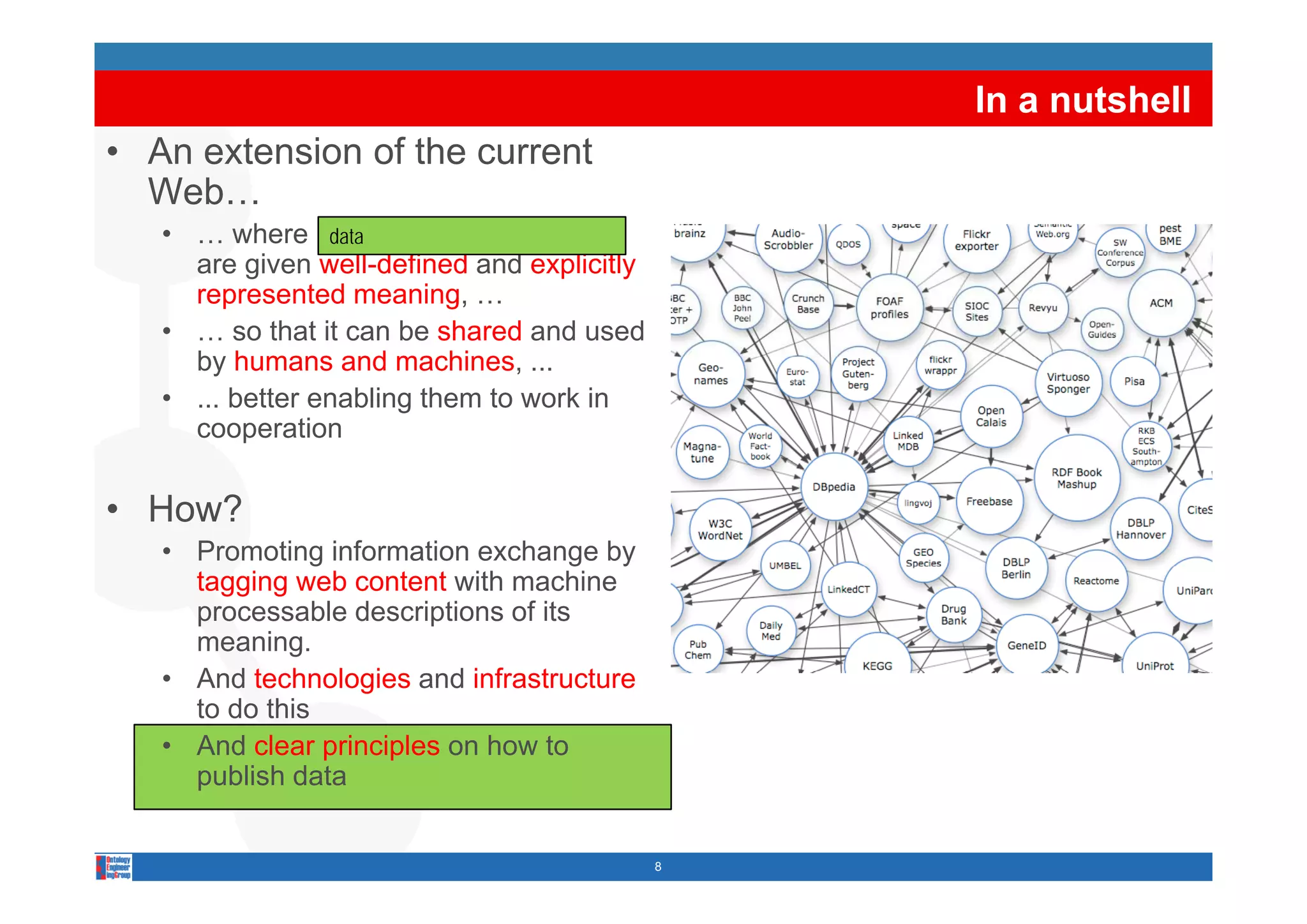 In a nutshell
• An extension of the current
  Web…
   • … where information and services
                 data
     are given well-defined and explicitly
     represented meaning, …
   • … so that it can be shared and used
     by humans and machines ...
                       machines,
   • ... better enabling them to work in
     cooperation


• How?
   • Promoting information exchange by
     tagging web content with machine
     processable descriptions of its
     meaning.
   • A d t h l i and i f t t
     And technologies d infrastructure
     to do this
   • And clear principles on how to
     publish data


                                             8
 