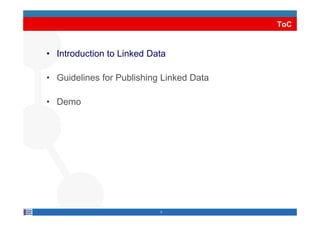 ToC


• Introduction to Linked Data

• Guidelines for Publishing Linked Data

• Demo




                           3
 