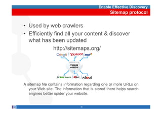 Enable Effective Discovery
                                                  Sitemap protocol

• Used by web crawlers
• Efficiently find all your content & discover
  what has been updated
             http://sitemaps.org/




A sitemap fil contains i f
   i      file      i information regarding one or more URL on
                               i         di                URLs
   your Web site. The information that is stored there helps search
   engines better spider your website.


                                 50
 