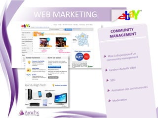 WEB MARKETING
                           Y
                  COMMUNIT
                          ENT
                  MANAGEM



                                sition d’un
                	  Mise à dispo
                                 anagement
                 co mmunity m


                                 trafic ciblé
                 	  Gestion du


                  	  SEO

                                        mmunautés
                   	  Anim ation des co


                                n
                   	  Modératio
 
