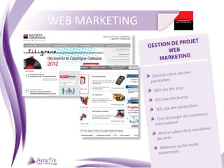 WEB MARKETING
                              OJET
                GES TION DE PR
                        WEB
                     MARKETING

                               ent site des
                	  Devenir cli
                 particuliers
                               s pros
                 	  SEO site de
                                  s jeunes
                 	  SEO site de
                                 sp  articuliers
                  	  SEO site de
                                              ommerce
                   	  Chef de    projet site c
                                    l
                    internationa
                                                ewsletter
                     	  Mise en   place de la n
                      des pros
                                      ur les outils
                       	  Réflexion s
                        relationnels
 