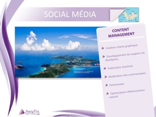 SOCIAL MÉDIA
                   CONTENT
                          ENT
                  MANAGEM

                              arte graphique
               	  Création ch
                                                  via
                            ment    du support
               	  Développe
                Wordpress

                               d’article s
                	  Publication

                              n des com      mentaires
                 	  Modératio

                               ts
                  	  Partenaria

                                 on référe   ncement
                   	  Optimisati
                     naturel
 