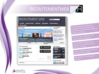 RECRUTEMENTWEB

                                                  n de
                                    t la réceptio
                 Outi l permettan          de clients et
                                                         la
                 nouvelle  s demandes             données de
                                d ’une base de
                 constitution
                  profils e-m arketing
                                                     2
                                        pportun, 1 à
                  Conte   nu riche et o
                                    chaque jour
                  art icles publiés
                                                    des
                                     e du Top 10
                    Cla ssé troisièm        ent les plus
                    cabinets   de recrutem
                                  rTwitter
                    influents su
                                                Facebook et
                     Plus de 10   000 fans sur
                                                  r
                                    és sur Twitte
                      6000 abonn

                                  urs : des   bloggeurs
                      Nos redacte
                      influents
 