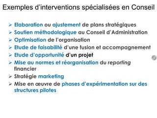 Exemples d’interventions spécialisées en Conseil
 Elaboration ou ajustement de plans stratégiques
 Soutien méthodologique au Conseil d’Administration
 Optimisation de l’organisation
 Etude de faisabilité d’une fusion et accompagnement
 Etude d’opportunité d’un projet
 Mise au normes et réorganisation du reporting
financier
 Stratégie marketing
 Mise en œuvre de phases d’expérimentation sur des
structures pilotes
3
 