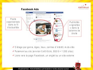 Facebook Ads
P o s ts
« s p o n s o r is é »
d a n s le f il
d ’a c tu a lit é s
P u b lic it é s
« v ig n e t t e s
» d a n s la
c o lo n n e d e
d r o it e
 C ib la g e p a r g e n r e , â g e s , lie u x , c e n t r e s d ’in t é r ê t , m o ts - c lé s
 P a ie m e n t a u c lic ( e n v ir o n 0 , 4 0 € / c lic , 5 0 0 € = 1 2 5 0 c lic s )
 L ie n s v e r s la p a g e F a c e b o o k , u n o n g le t o u u n s it e e x t e r n e
 