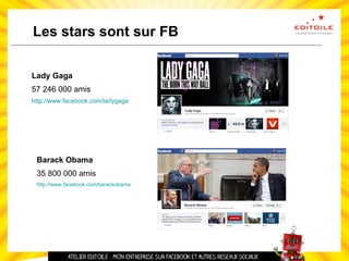 Les stars sont sur FB
Barack Obama
35 800 000 amis
http://www.facebook.com/barackobama
Lady Gaga
57 246 000 amis
http://www.facebook.com/ladygaga
 