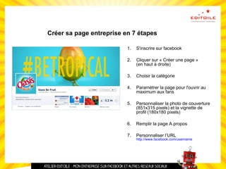 Créer sa page entreprise en 7 étapes
1. S'inscrire sur facebook
2. Cliquer sur « Créer une page »
(en haut à droite)
3. Choisir la catégorie
4. Paramétrer la page pour l'ouvrir au
maximum aux fans
5. Personnaliser la photo de couverture
(851x315 pixels) et la vignette de
profil (180x180 pixels)
6. Remplir la page A propos
7. Personnaliser l’URL
http://www.facebook.com/username
 