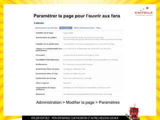 Paramétrer la page pour l’ouvrir aux fans
Administration > Modifier la page > Paramètres
 