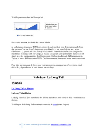 34 Cet eBook est offert gratuitement par www.Blog-Ecommerce.com
Voici le graphique dont Mr Ruau parlait :
Des clients heureux, voilà une des clés du succès.
Je souhaiterais ajouter que TOUS mes clients (à ancienneté du nom de domaine égale, bien
sûr, puisque c’est une donnée importante pour Google, et sur laquelle je ne peux avoir
d’influence…), que ce soit ceux dont je m’occupais à PowerBoutique ou ceux que je traite
maintenant en direct, sont, sur Google, à chaque fois devant leurs concurrents même s'ils ont
signés avec les grandes agences de référencement (Netbooster, Brioude Référencemement,
Takezo et autres Référencement 2000). Quoi demander de plus quand on est un ecommerçant
?
Pour faire une demande de devis pour votre ecommerce, vous pouvez m’envoyer un email :
olivier.levy@gmail.com. Je reste à votre à votre dispo.
Rubrique: La Long Tail
15/02/08
La Long-Tail et Platine
La Long-Tail et Platine
La Long Tail est la plus importante des notions à maîtriser pour survivre dans l'ecommerce de
demain.
Voici la part de la Long Tail sur mon ecommerce de sono (partie en gris):
 
