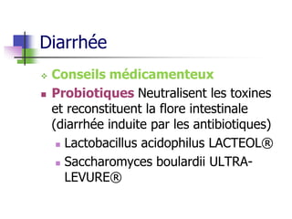 Diarrhée
 Conseils médicamenteux
 Probiotiques Neutralisent les toxines
et reconstituent la flore intestinale
(diarrhée induite par les antibiotiques)
 Lactobacillus acidophilus LACTEOL®
 Saccharomyces boulardii ULTRA-
LEVURE®
 