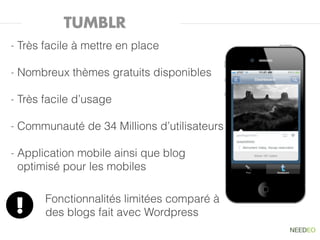 TUMBLR
-   Très facile à mettre en place

-   Nombreux thèmes gratuits disponibles

-   Très facile d’usage

-   Communauté de 34 Millions d’utilisateurs

-   Application mobile ainsi que blog
    optimisé pour les mobiles

         Fonctionnalités limitées comparé à
    !    des blogs fait avec Wordpress
 