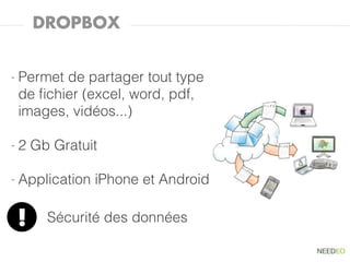 DROPBOX


-   Permet de partager tout type
    de ﬁchier (excel, word, pdf,
    images, vidéos...)

-   2 Gb Gratuit

-   Application iPhone et Android

    !    Sécurité des données
 
