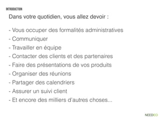 introduction

  Dans votre quotidien, vous allez devoir :

  - Vous occuper des formalités administratives
  - Communiquer
  - Travailler en équipe
  - Contacter des clients et des partenaires
  - Faire des présentations de vos produits
  - Organiser des réunions
  - Partager des calendriers
  - Assurer un suivi client
  - Et encore des milliers d’autres choses...
 