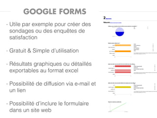 GOOGLE FORMS
-   Utile par exemple pour créer des
    sondages ou des enquêtes de
    satisfaction

-   Gratuit & Simple d’utilisation

-   Résultats graphiques ou détaillés
    exportables au format excel

-   Possibilité de diffusion via e-mail et
    un lien

-   Possibilité d’inclure le formulaire
    dans un site web
 