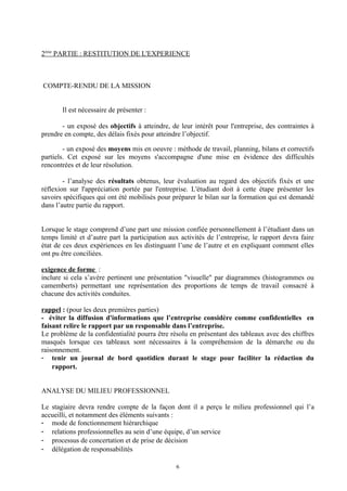 2ème PARTIE : RESTITUTION DE L'EXPERIENCE



COMPTE-RENDU DE LA MISSION


       Il est nécessaire de présenter :

       - un exposé des objectifs à atteindre, de leur intérêt pour l'entreprise, des contraintes à
prendre en compte, des délais fixés pour atteindre l’objectif.

        - un exposé des moyens mis en oeuvre : méthode de travail, planning, bilans et correctifs
partiels. Cet exposé sur les moyens s'accompagne d'une mise en évidence des difficultés
rencontrées et de leur résolution.

        - l’analyse des résultats obtenus, leur évaluation au regard des objectifs fixés et une
réflexion sur l'appréciation portée par l'entreprise. L'étudiant doit à cette étape présenter les
savoirs spécifiques qui ont été mobilisés pour préparer le bilan sur la formation qui est demandé
dans l’autre partie du rapport.


Lorsque le stage comprend d’une part une mission confiée personnellement à l’étudiant dans un
temps limité et d’autre part la participation aux activités de l’entreprise, le rapport devra faire
état de ces deux expériences en les distinguant l’une de l’autre et en expliquant comment elles
ont pu être conciliées.

exigence de forme :
inclure si cela s’avère pertinent une présentation "visuelle" par diagrammes (histogrammes ou
camemberts) permettant une représentation des proportions de temps de travail consacré à
chacune des activités conduites.

rappel : (pour les deux premières parties)
- éviter la diffusion d'informations que l’entreprise considère comme confidentielles en
faisant relire le rapport par un responsable dans l’entreprise.
Le problème de la confidentialité pourra être résolu en présentant des tableaux avec des chiffres
masqués lorsque ces tableaux sont nécessaires à la compréhension de la démarche ou du
raisonnement.
- tenir un journal de bord quotidien durant le stage pour faciliter la rédaction du
    rapport.


ANALYSE DU MILIEU PROFESSIONNEL

Le stagiaire devra rendre compte de la façon dont il a perçu le milieu professionnel qui l’a
accueilli, et notamment des éléments suivants :
- mode de fonctionnement hiérarchique
- relations professionnelles au sein d’une équipe, d’un service
- processus de concertation et de prise de décision
- délégation de responsabilités

                                                 6
 