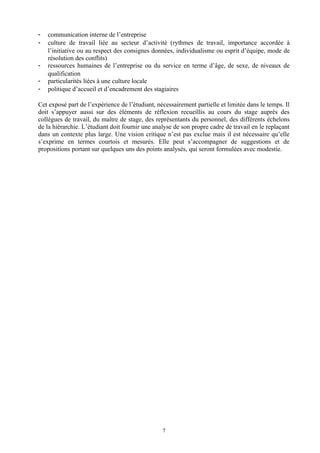 -   communication interne de l’entreprise
-   culture de travail liée au secteur d’activité (rythmes de travail, importance accordée à
    l’initiative ou au respect des consignes données, individualisme ou esprit d’équipe, mode de
    résolution des conflits)
-   ressources humaines de l’entreprise ou du service en terme d’âge, de sexe, de niveaux de
    qualification
-   particularités liées à une culture locale
-   politique d’accueil et d’encadrement des stagiaires

Cet exposé part de l’expérience de l’étudiant, nécessairement partielle et limitée dans le temps. Il
doit s’appuyer aussi sur des éléments de réflexion recueillis au cours du stage auprès des
collègues de travail, du maître de stage, des représentants du personnel, des différents échelons
de la hiérarchie. L’étudiant doit fournir une analyse de son propre cadre de travail en le replaçant
dans un contexte plus large. Une vision critique n’est pas exclue mais il est nécessaire qu’elle
s’exprime en termes courtois et mesurés. Elle peut s’accompagner de suggestions et de
propositions portant sur quelques uns des points analysés, qui seront formulées avec modestie.




                                                 7
 