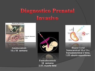 Funiculocentesis
18 semana
2.5% muerte fetal
Amniocentesis
15 y 18 semana
Biopsia Corial
Transcervical 10 a 13 s.
Transabdominal 2 trims.
1.5% aborto espontaneo
 