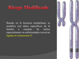 Basado en la herencia mendeliana, se
modifica con datos específicos de la
familia a estudiar. Se utiliza
especialmente en enfermedades recesivas
ligadas al cromosoma X.
 