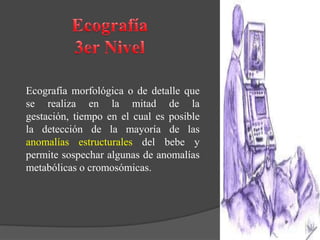 Ecografía morfológica o de detalle que
se realiza en la mitad de la
gestación, tiempo en el cual es posible
la detección de la mayoría de las
anomalías estructurales del bebe y
permite sospechar algunas de anomalías
metabólicas o cromosómicas.
 