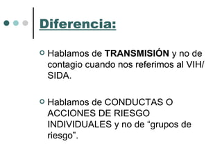 Diferencia: Hablamos de  TRANSMISIÓN  y no de contagio cuando nos referimos al VIH/SIDA. Hablamos de CONDUCTAS O ACCIONES DE RIESGO INDIVIDUALES y no de “grupos de riesgo”.  